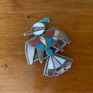 Vintage Zuni Sterling Silver Thunderbird Turquoise, Coral, Shell Inlay Brooch